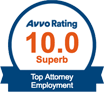 Avvo badge displaying Alden Law Group's 10.0 Superb rating for being a Top Attorney in Employment law